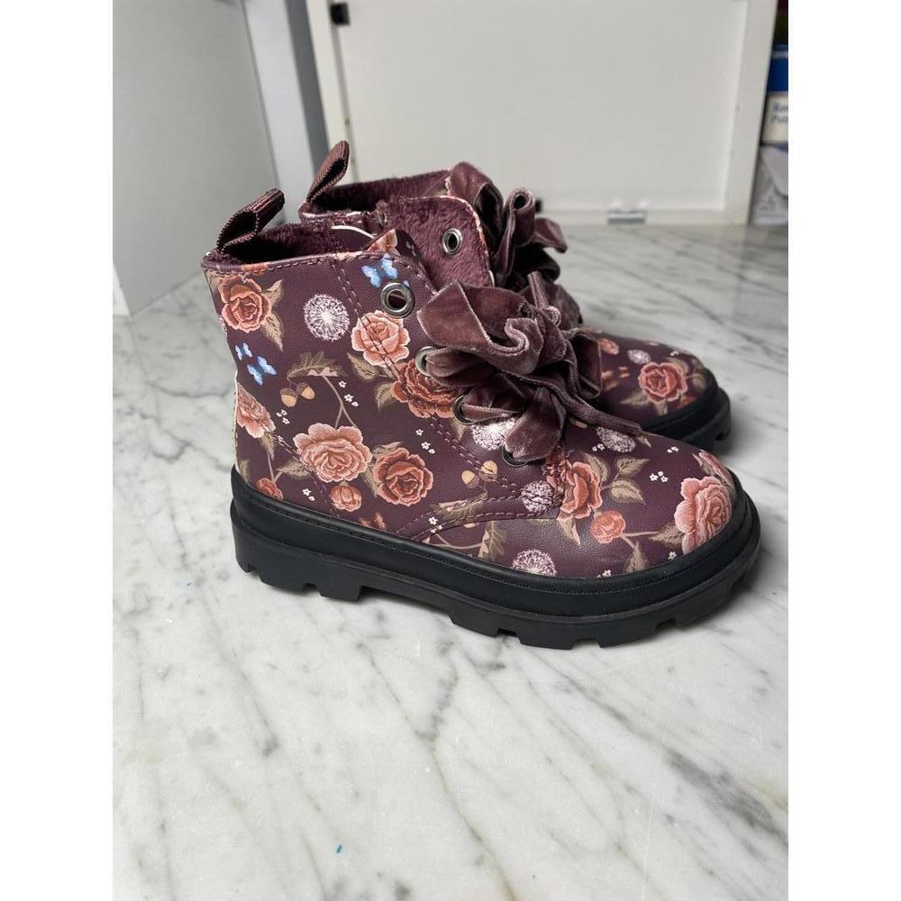 H&M girls floral print burgundy combat boots size 6.5 - Picture 2 of 5